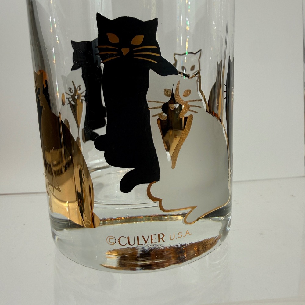 Vintage Culver Glass Gold Cats Highball Tumbler Set 4 Gold Mid Century 22k
